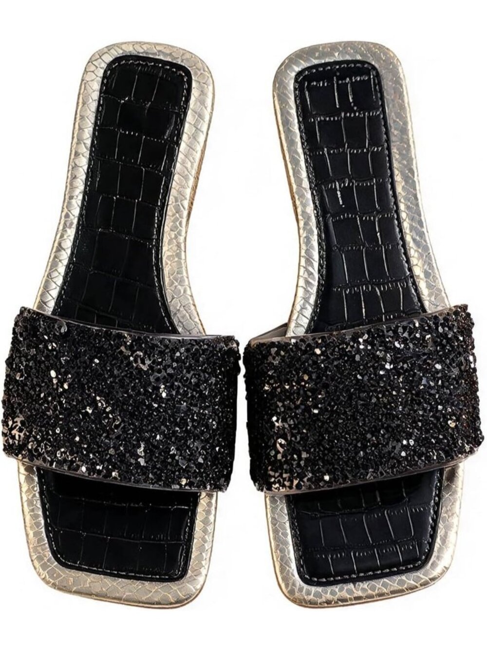 🆕Women's Black Rhinestone Rainbow Flat Sandals Sparkly Bling Slides Glitter